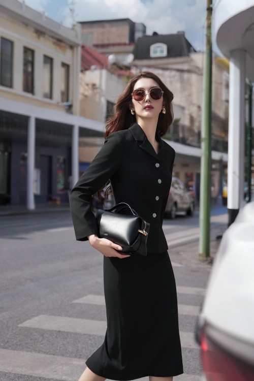 Sixdo Black Woven Pencil Skirt